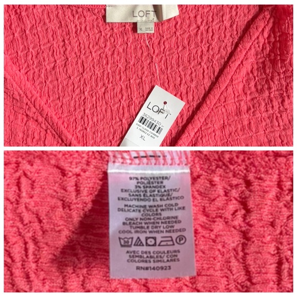 LOFT NWT XL Crinkle Pleated Sleeve Top in Sakura • Coral Pink Textured Blouse - Picture 6 of 12